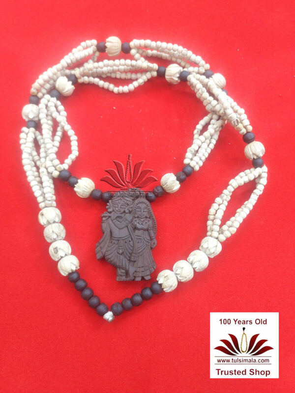 Tulsi Lotus Cutting Bead Mala With Locket Radha Krishna Deities