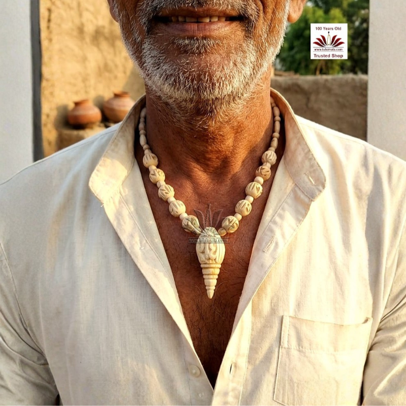 Hare Krishna Mahamantra Carving Tulsi Bead Neck Mala With Jagannath Face Locket in Brown Colour